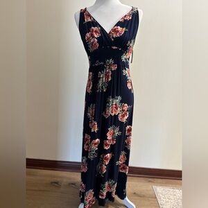 Loveappella Navy Blue Floral Maxi Sundress V-Neck Sleeveless